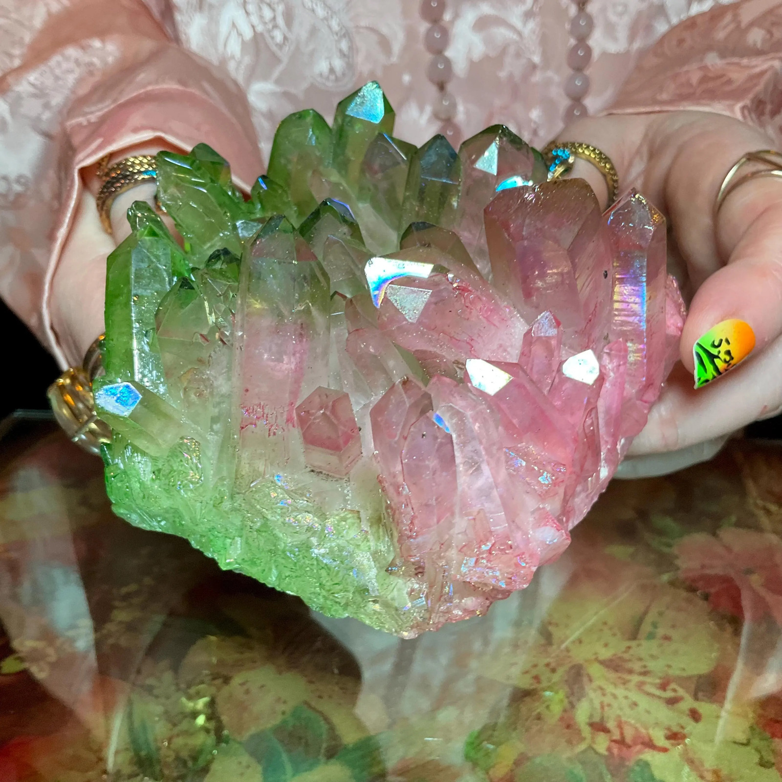 Pink & Green Aura Quartz Crystal Cluster ~ Large 1 Lb. 4 oz. ~ 4″ Long ~ Electr