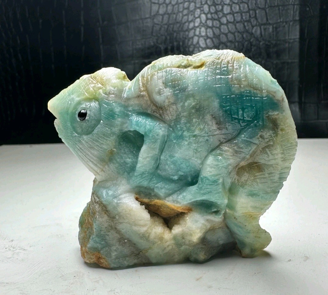Natural Crystal Mineral Specimen. Amazon Stone. Hand-carved Chameleon Statue