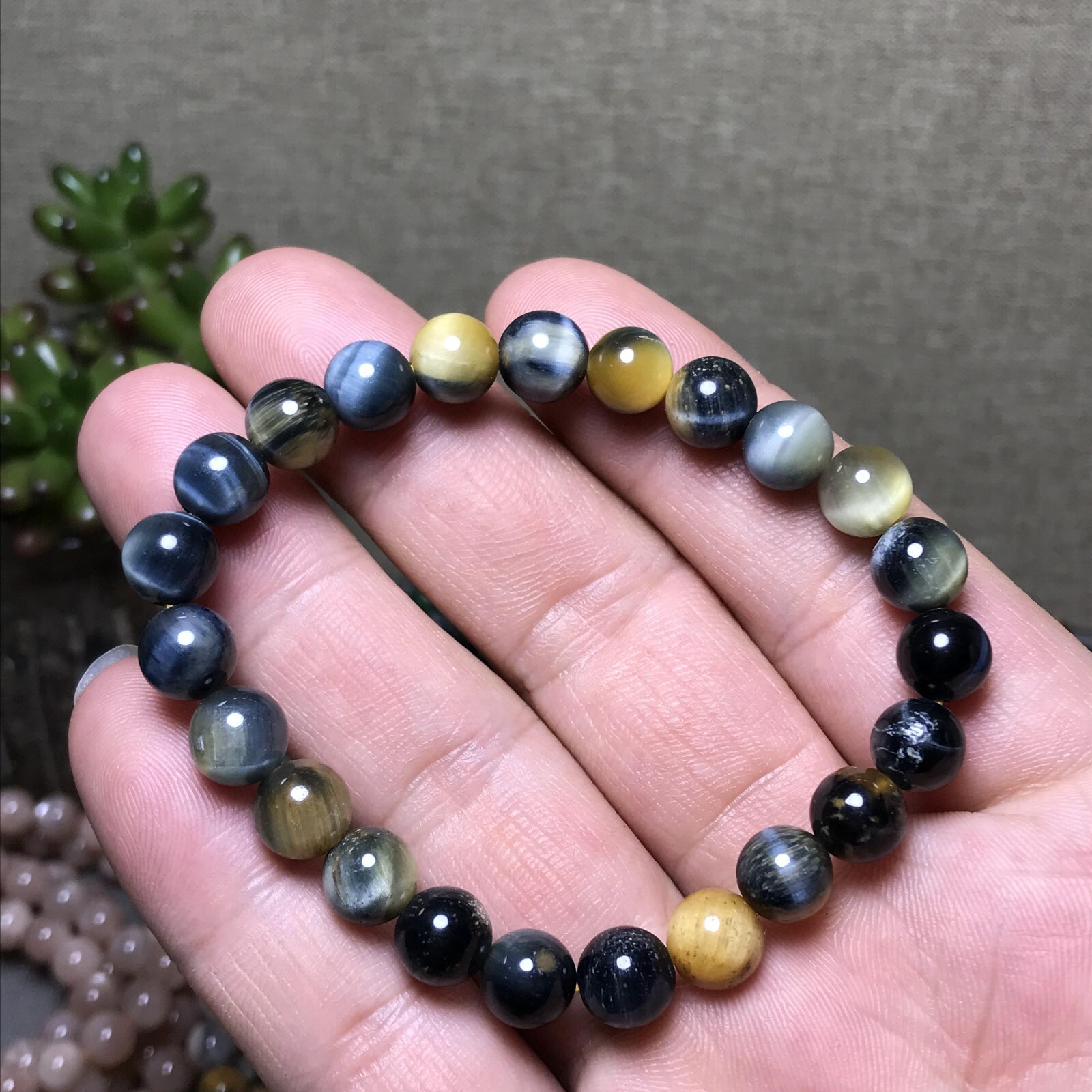 5Pcs Wholesal Natural Polish yellow Blue Tiger eye bracelets Crystal ball 8mm