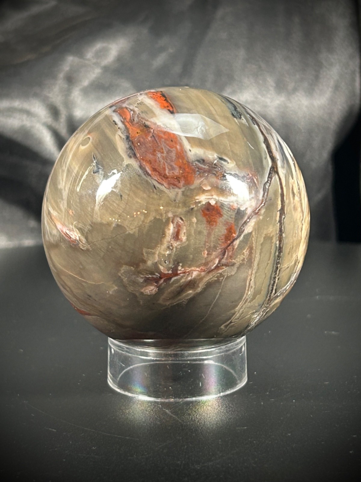 2.33″ Petrified Wood Sphere With Acrylic Stand UV REACTIVE 10.1oz