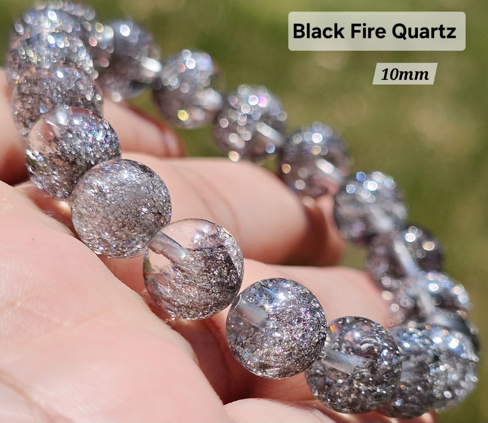 Black Fire Quartz Shiny 10mm Round Beads Unisex Stretch Bracelet