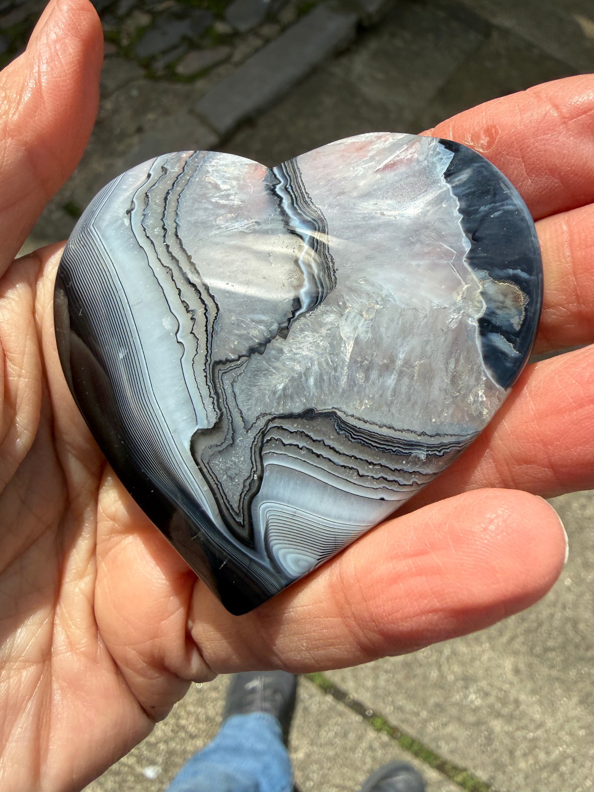 Black and clear banded Botwana Agate Natural Crystal Heart Polished Success 83g