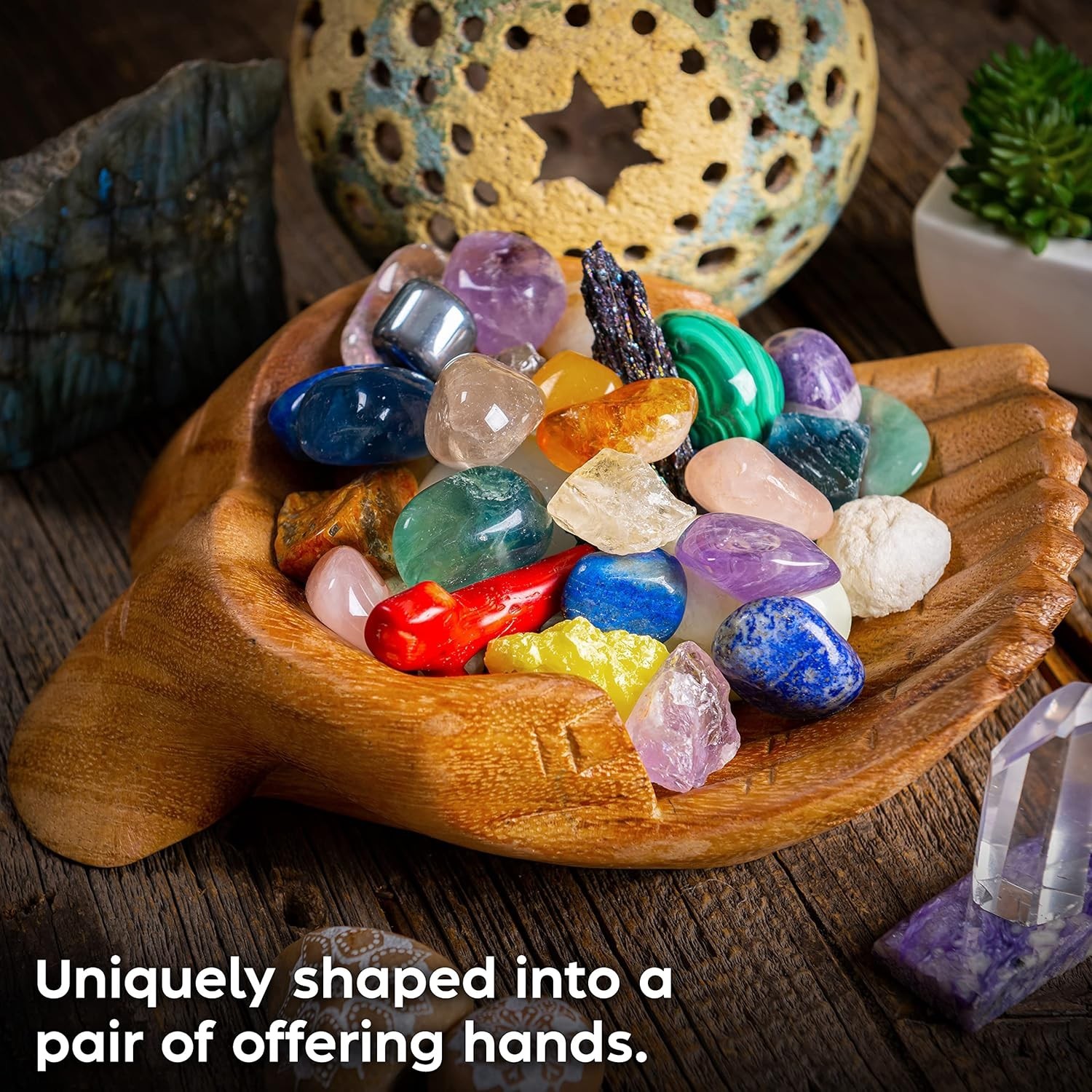 Carved Hands Offering Bowl – Crystal Holder for Stones, Rock Collection Holde…