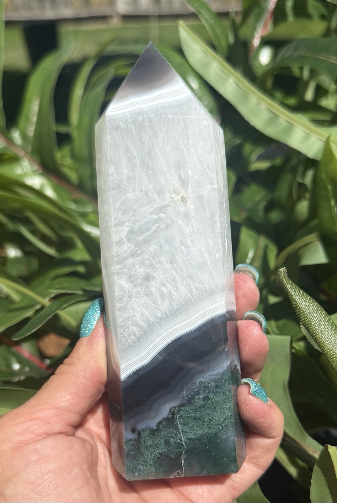 Large Natural Moss Agate in Quartz Crystal Tower White Plume Green Moss 6”