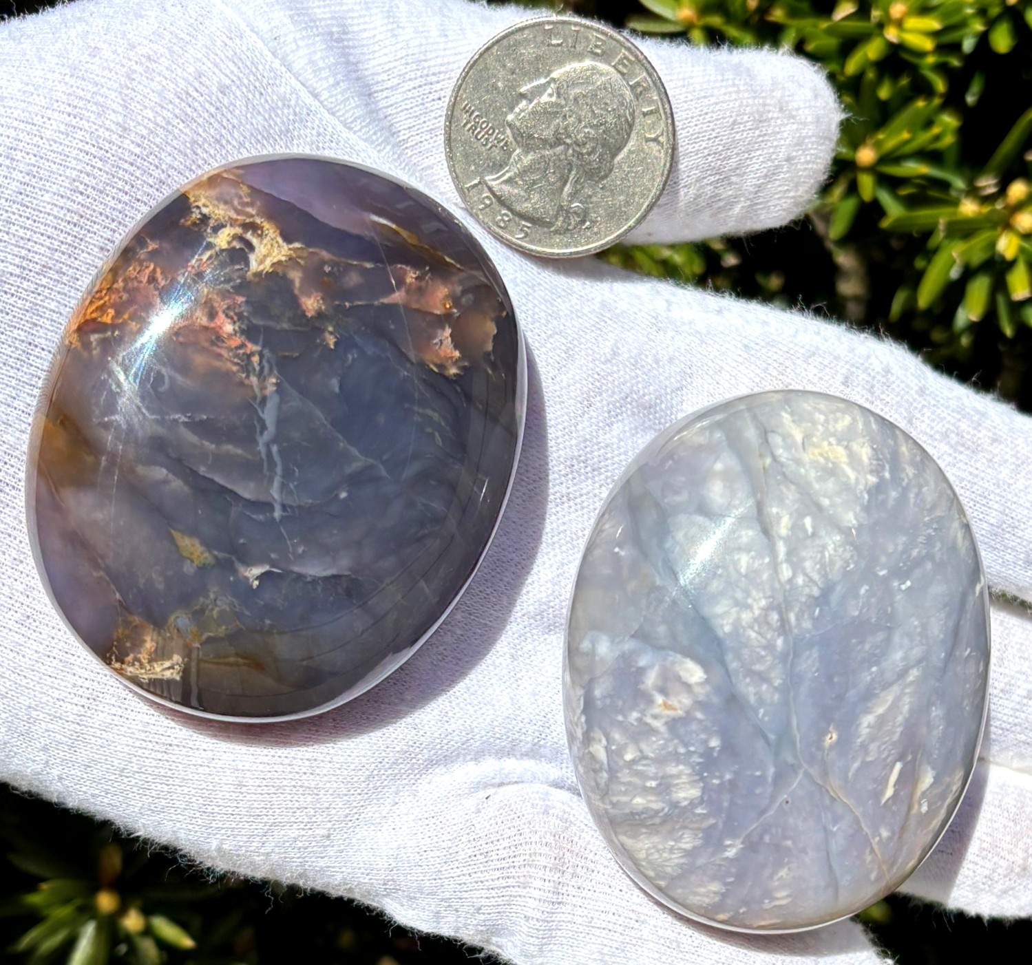 USA SALE LOT 2 “PURPLE” CHALCEDONY PALMSTONES PALM STONE STONES DARK BLUE GRAY