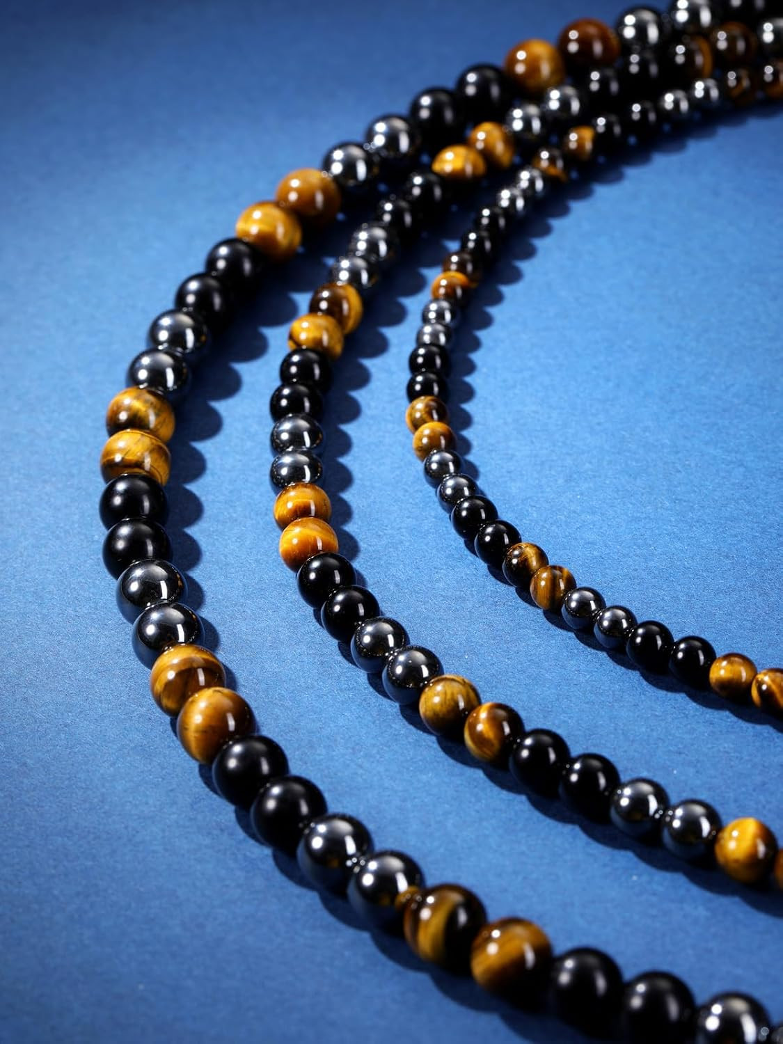 Mens Healing Crystal Black Obsidian Tigers Eye Hematite Beaded Necklace Natural