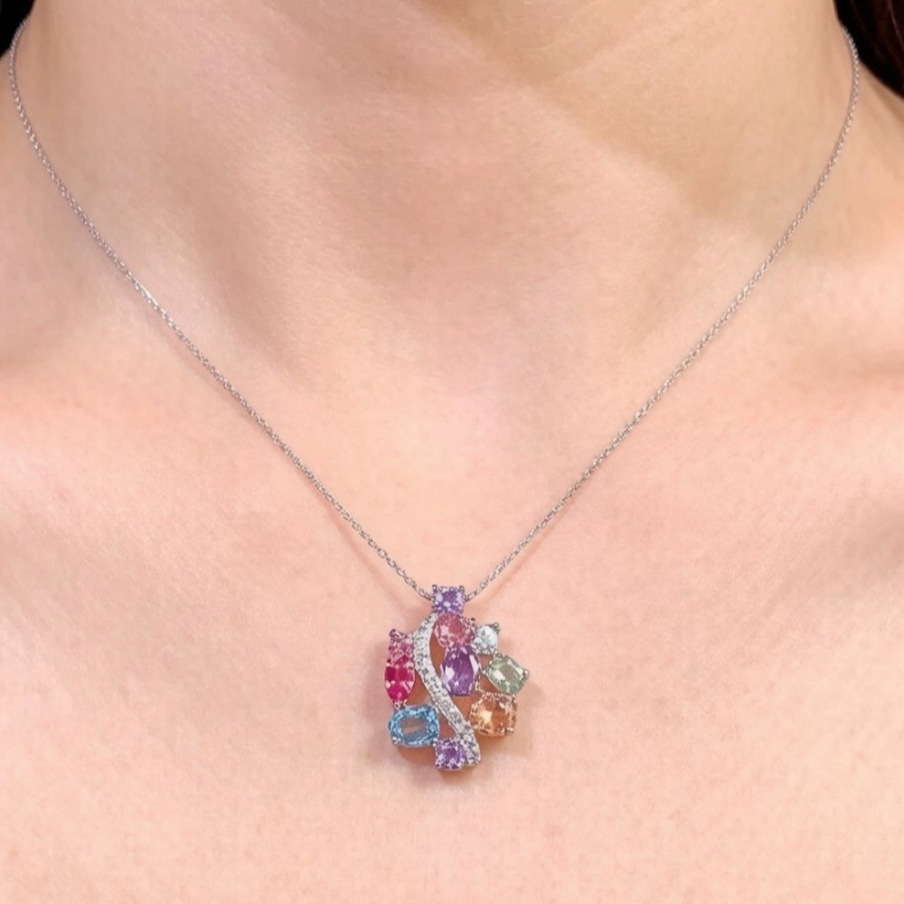 Natural Multi-color Gemstone Pendant Necklace JewelryS925 Silver Plated18K Gold