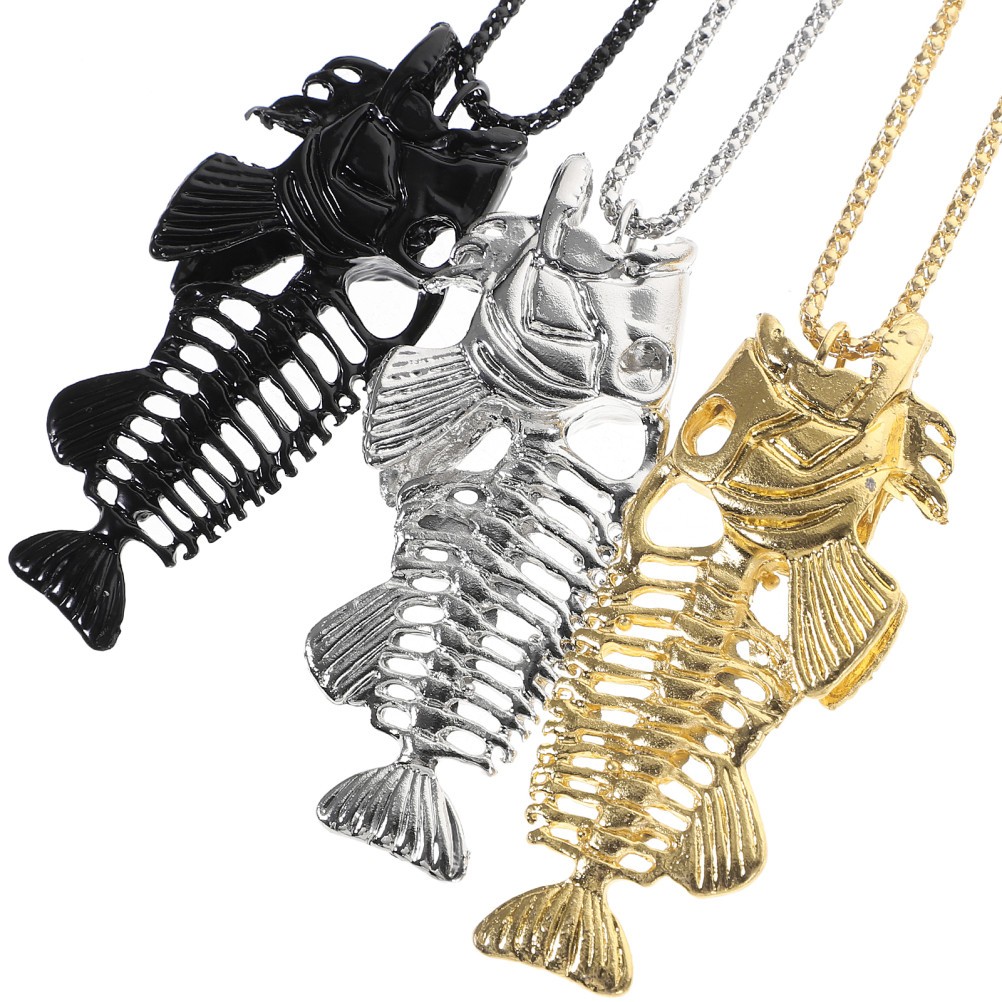 3Pcs Durable Alloy Fish Bone Necklace Fishing Hook Surfer Chain Assorted Colors