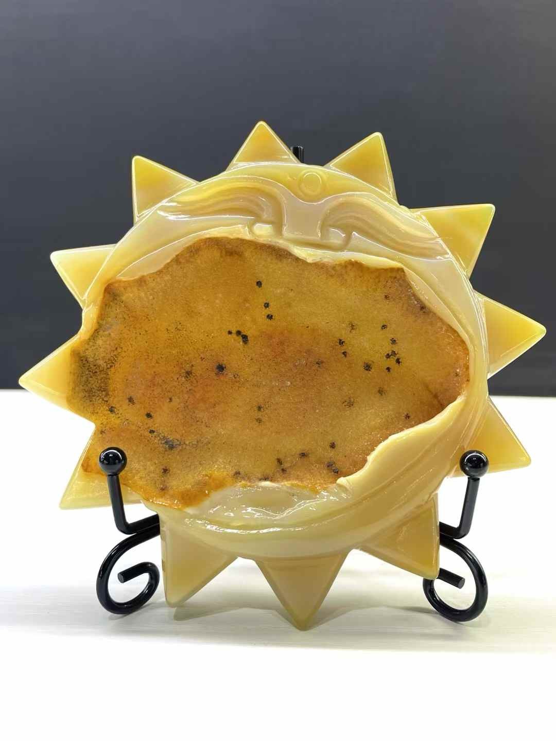 1pc Natural Geode Agate Quartz Carved Sun Crystal Skull Reiki Decor Gift+Stand