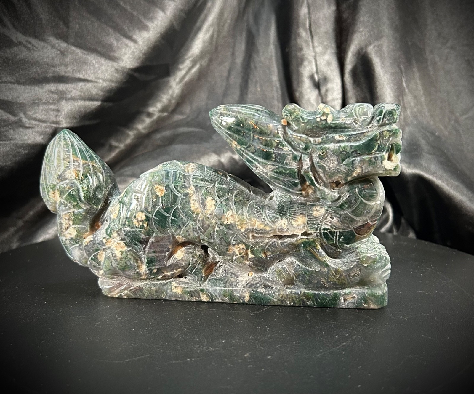 6.5″ Moss Agate Eastern Style Dragon Carving With Druzy All Over 1lb 10.7oz
