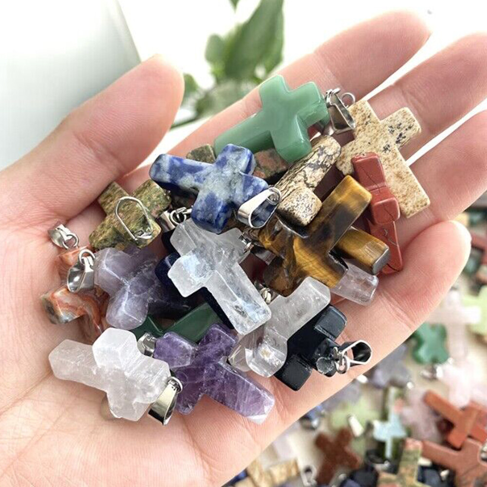 Natural Quartz Crystal Cross Pendant Chakra Stone Mixed Crucifix Shape Decor DIY