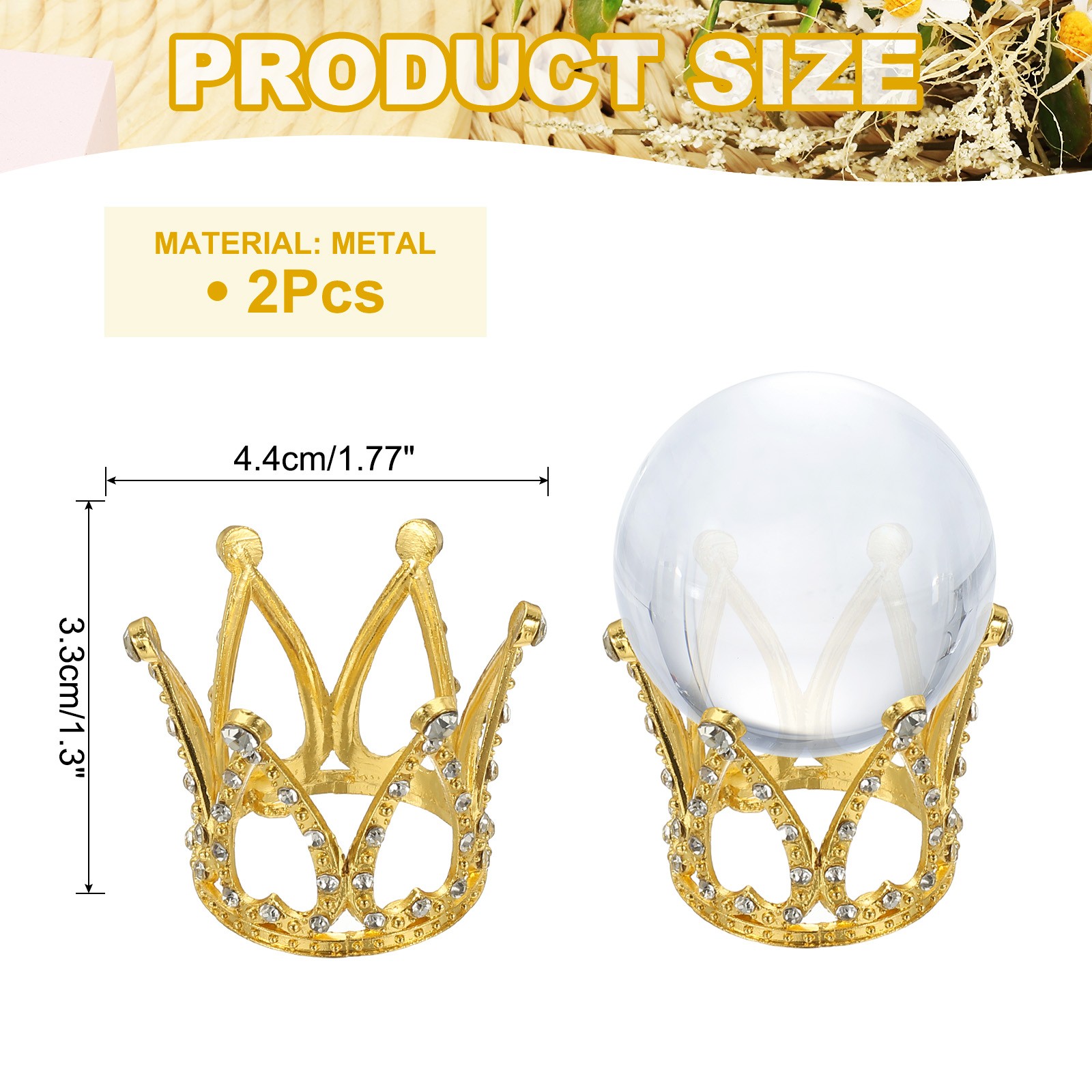 2pcs 1.7″ Dia Metal Crystal Sphere Holder Crystal Ball Crown Stand Gold]