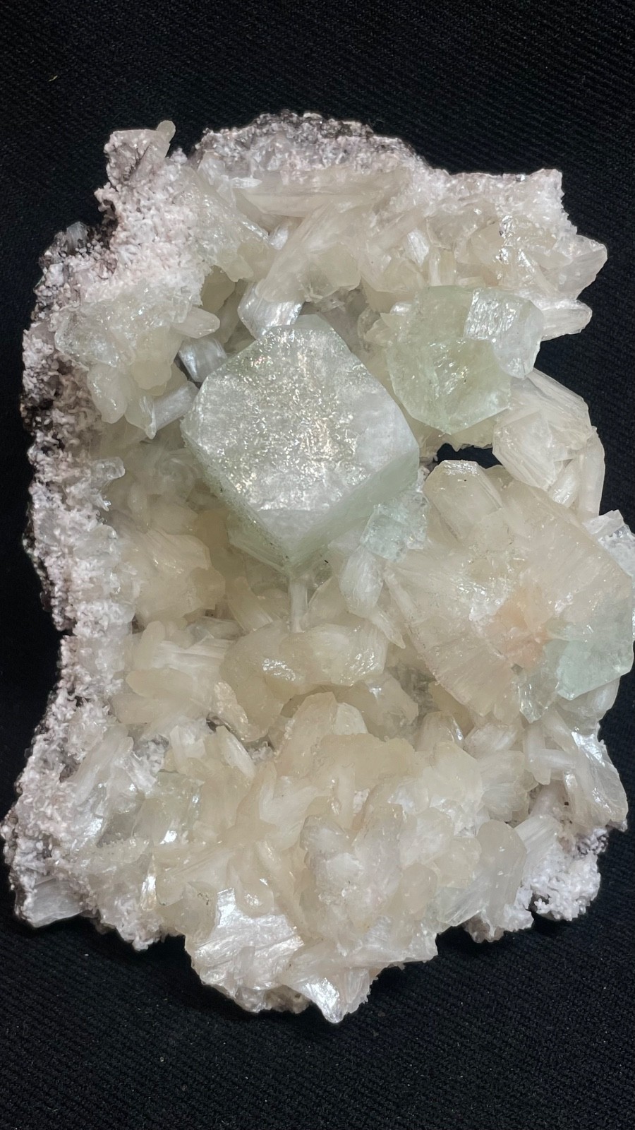 NATURAL STIBITE IN MATRIX W/ GREEN APOPHYLLITE CUBE CRYSTAL IN NATURAL FORMATION