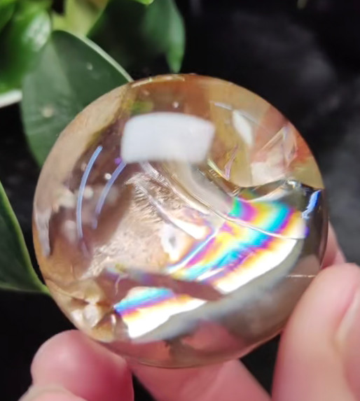 37mm Natural Rainbow Yellow glue flower Quartz Sphere Crystal Reiki Decor