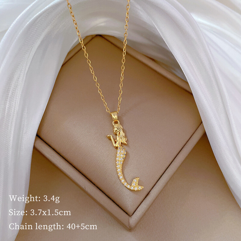 Women’s Fashion Jewelry Zircon Gold Mermaid Pendant Temperament Necklace 1PC