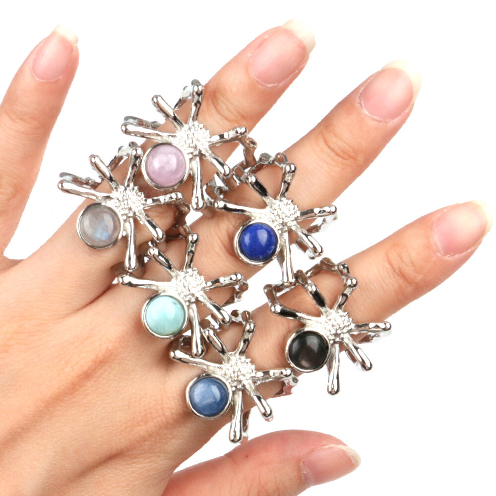1pc Adjustable Chakra Crystal Spider Rings Gemstone Round Bead Quartz Jewerly