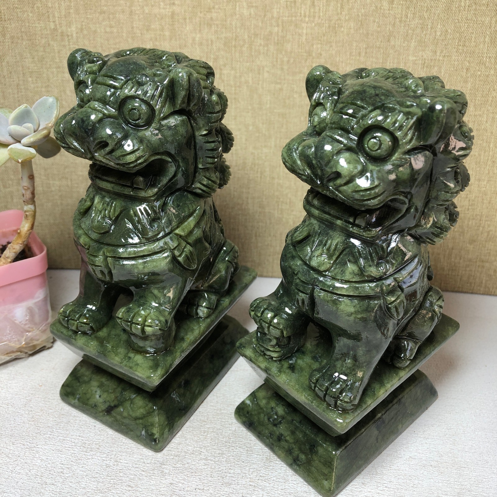 146mm 1 pair Natural Afghanistan Jade Carving lion Statue Protecting 2.08kg
