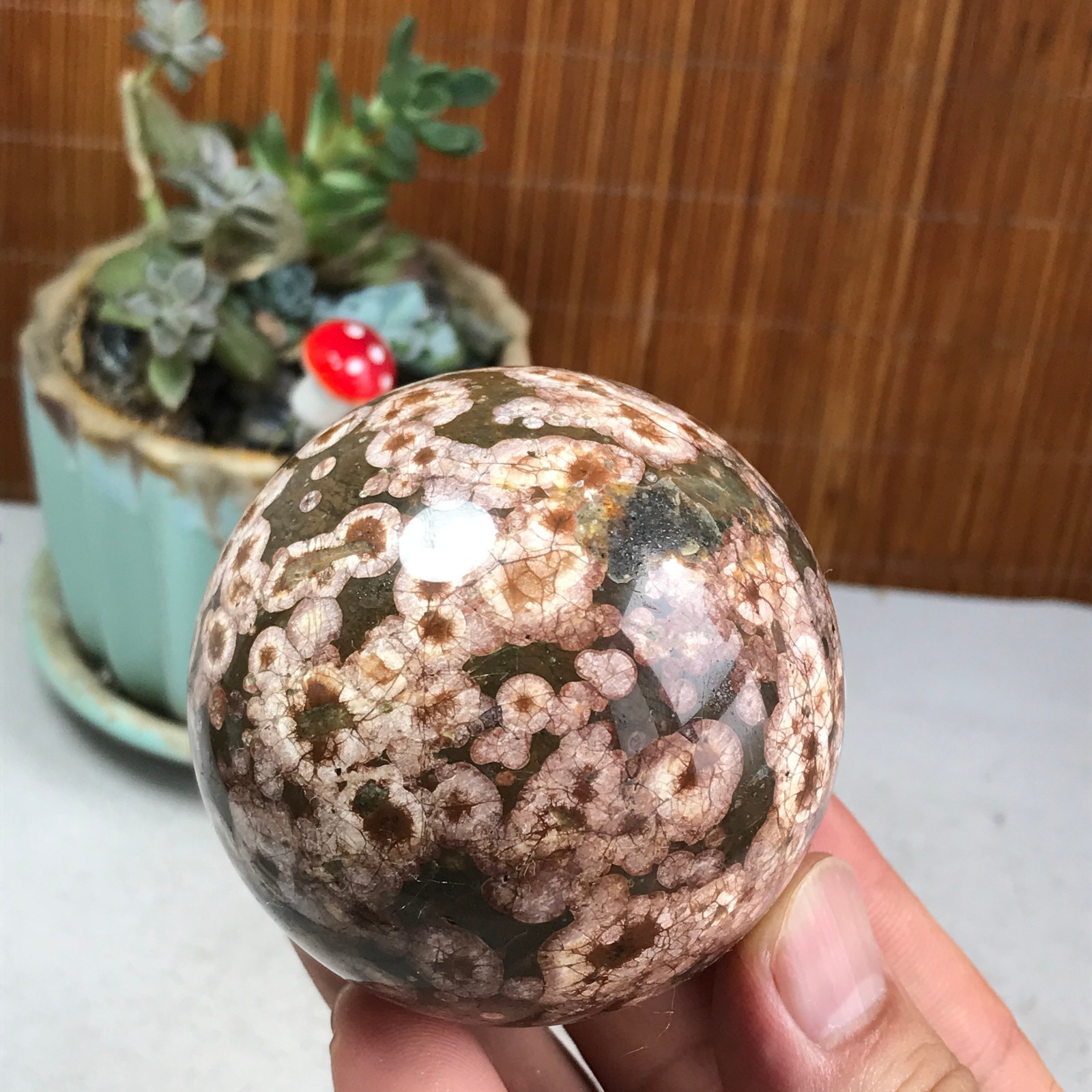 61mm Natural Green Plum Blossom Jade sphere ball Crystal specimens 297g A6236