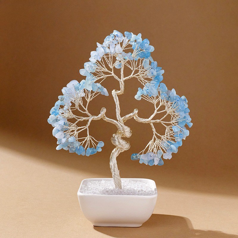 Aquamarine Stones Tree of Life Ornament Reiki Healing Money Tree Ceramic Base
