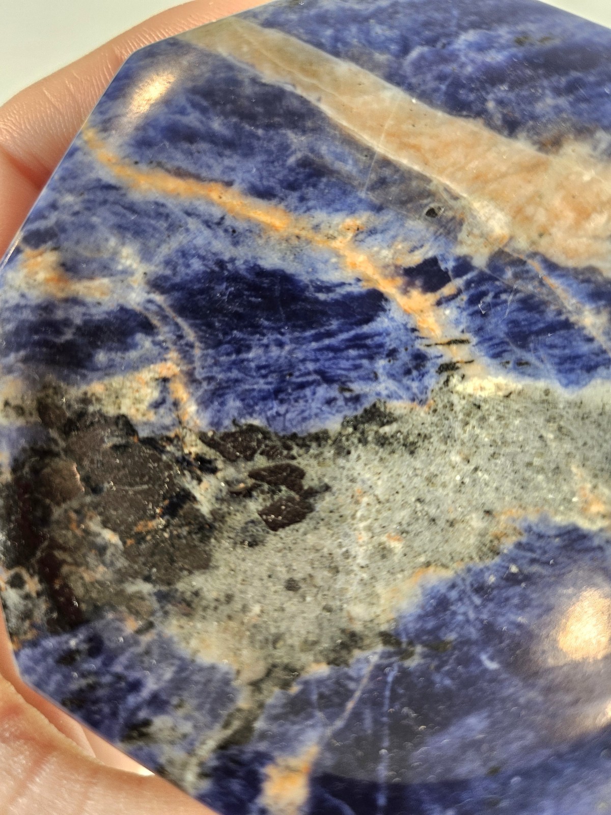 Large Polished Sodalite Octagon Bowl Deep Blue & Orange Veins 4-5″ Crystal Dish
