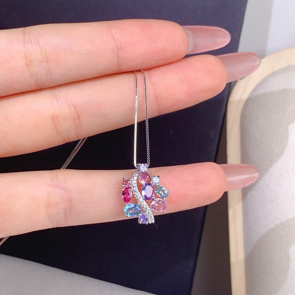 Natural Multi-color Gemstone Pendant Necklace JewelryS925 Silver Plated18K Gold