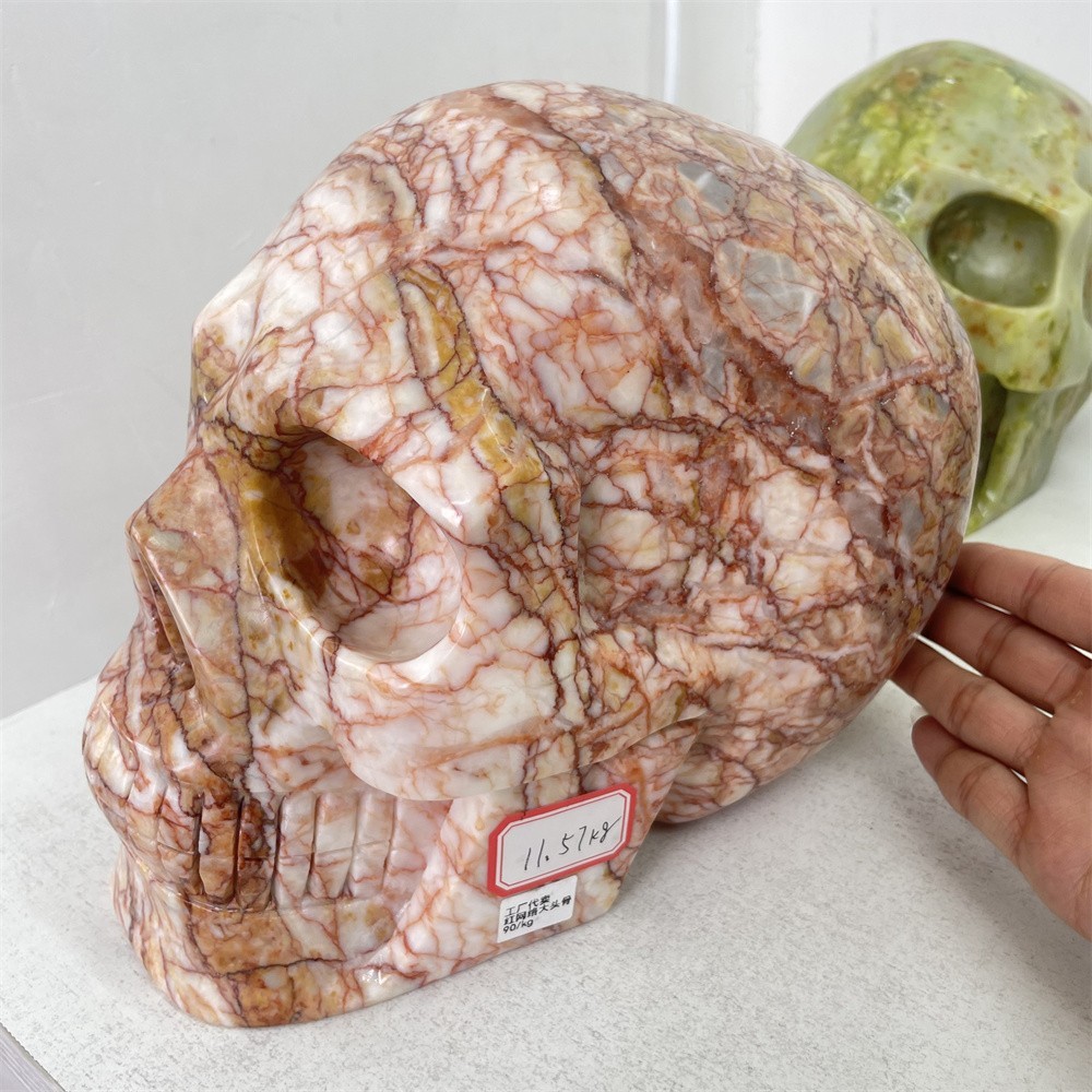 25.5LB 9″ Large Natural A++ Red Net Stone Skull Quartz Energy Statue Home Decor