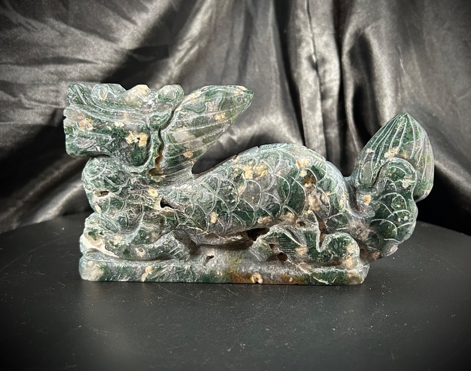 6.5″ Moss Agate Eastern Style Dragon Carving With Druzy All Over 1lb 10.7oz