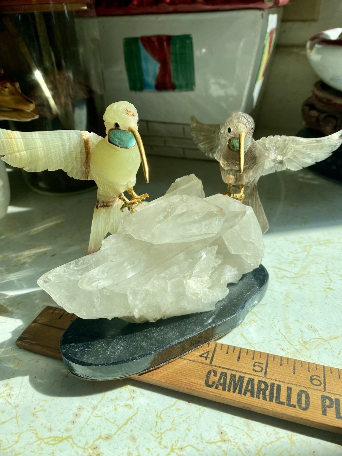 Peter Muller Hand Carved Smokey Quartz, Marble, Quartz Hummingbirds On Quartz
