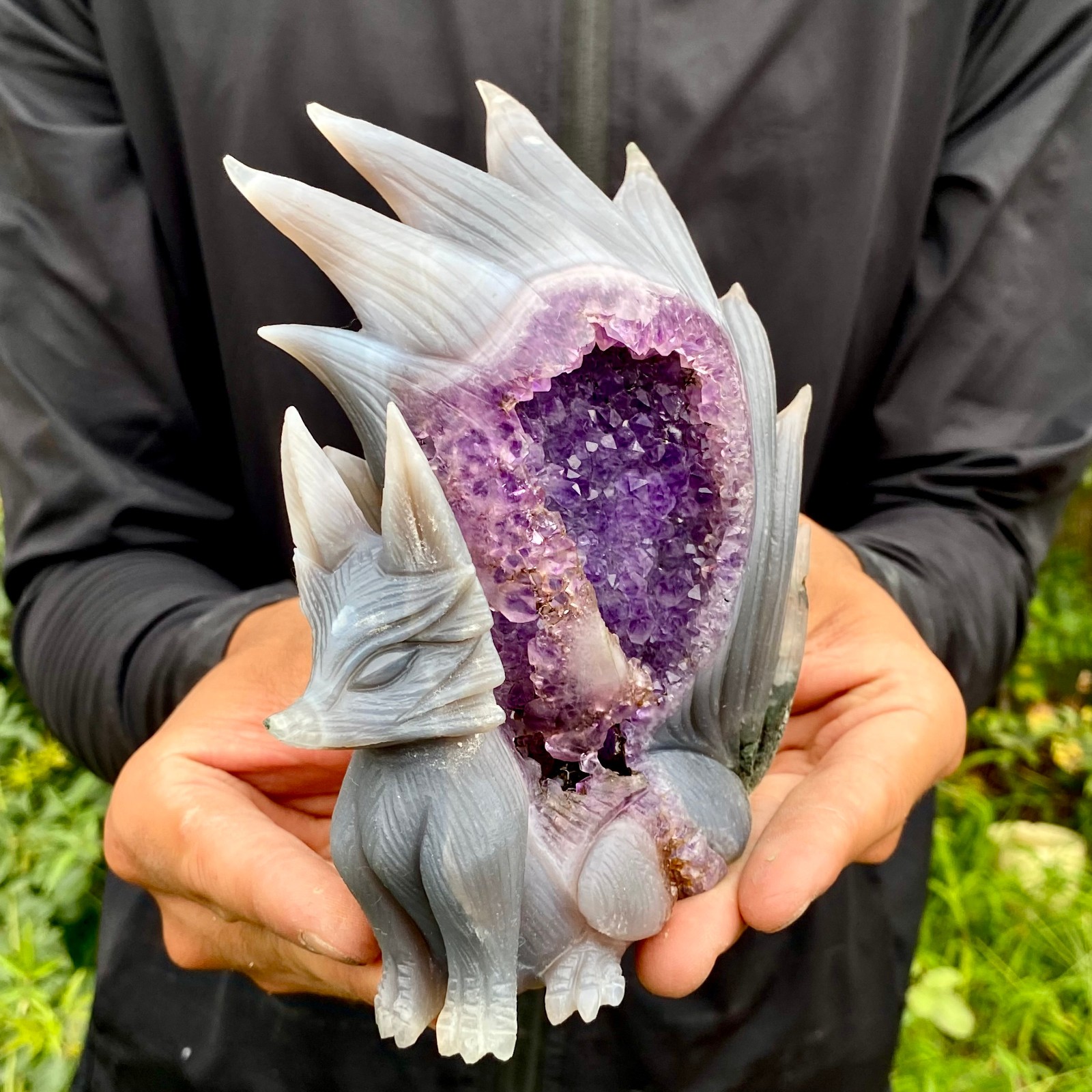 1.4LB Natural Amethyst Geode Hand Carved Nine-tailed Fox Quartz Crystal Decor