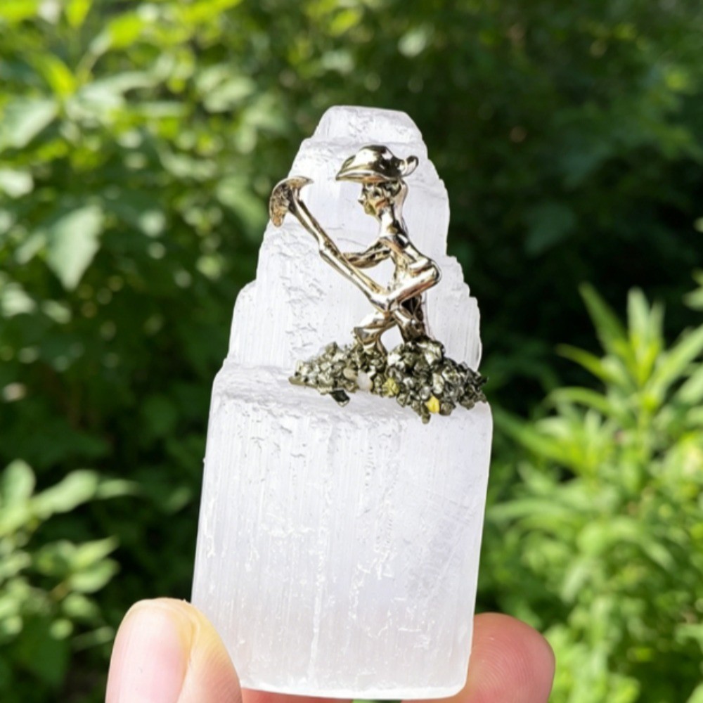Natural Selenite Tower with Alloy Miner Figurine Pyrite Crystal Healing Decor2pc