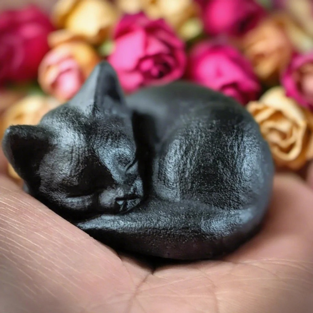 Natural Obsidian Sleeping Cat Hand Carved Crystal Healing Reiki Home Decor Gift