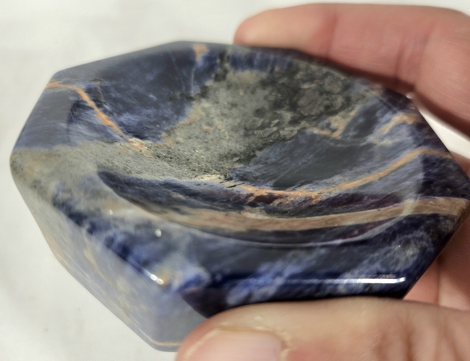 Large Polished Sodalite Octagon Bowl Deep Blue & Orange Veins 4-5″ Crystal Dish
