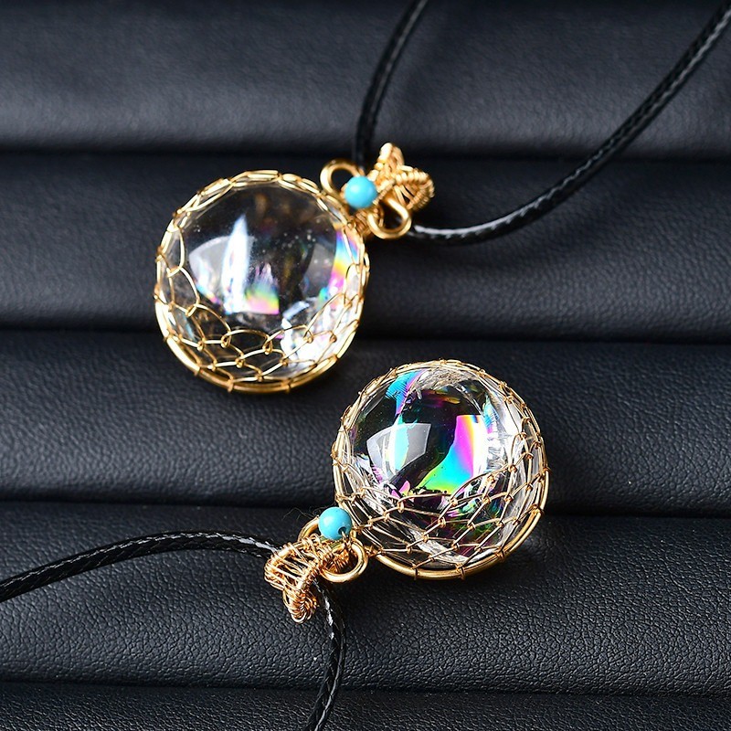 White Crystal Ball Pendant Rainbow Inlaid Raw Polished Gem Necklace Gift