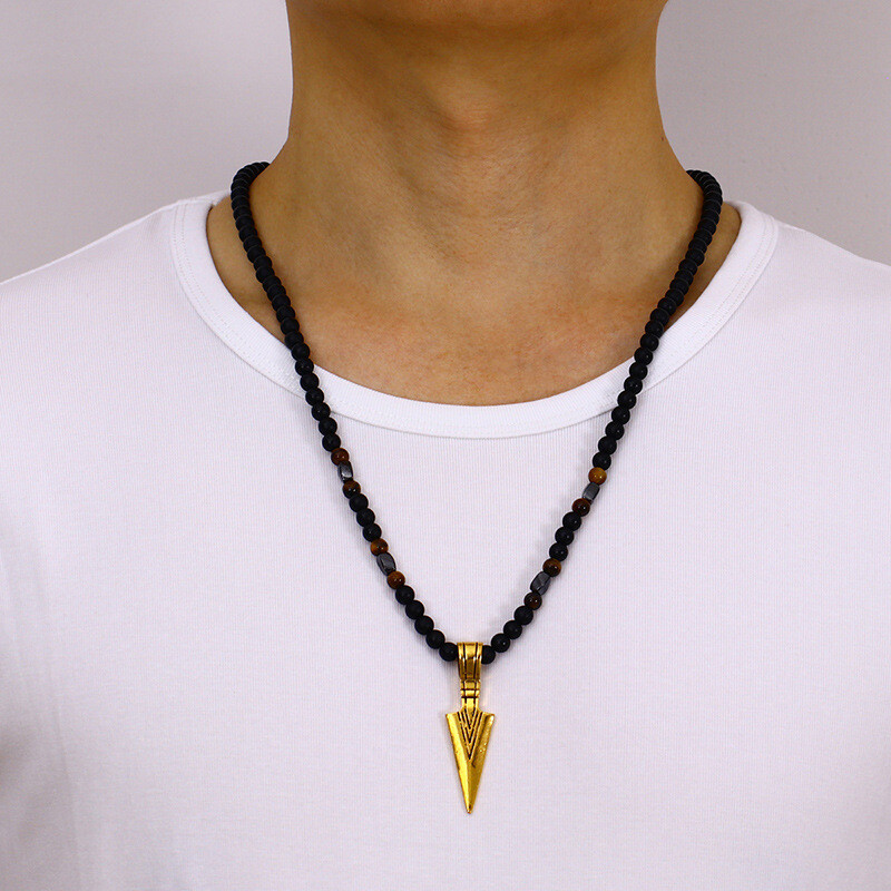 Men’s Fashion Jewelry Tiger Eye Stone Beaded Arrow Pendant Necklace Gift