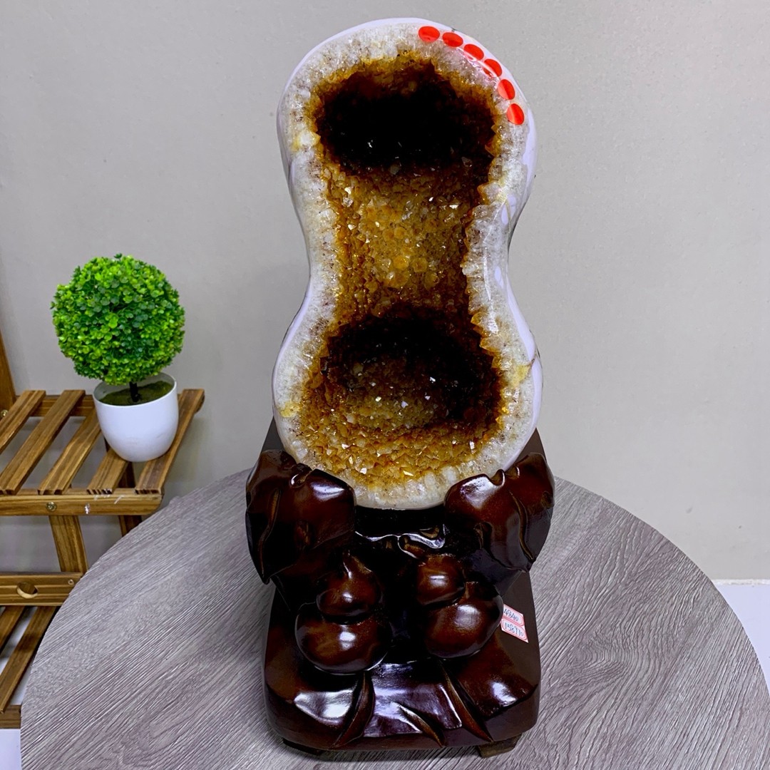 34.7LB Natural Citrine Crystal Cave Decor Stone Cathedral Geode Specimen Stand