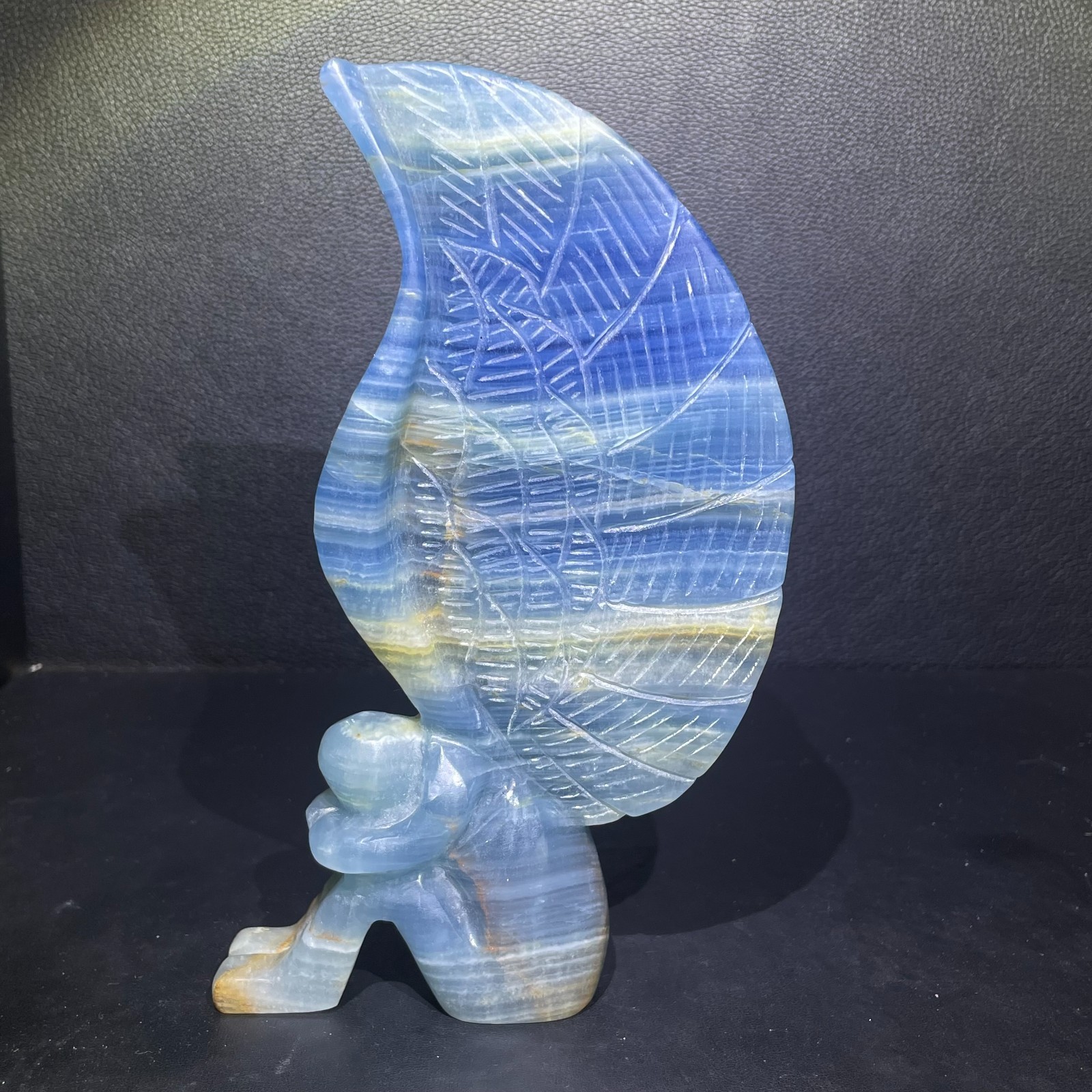 1.55LB 180mm Natural Blue Onyx Fairy Carving Crystal Ornament Gift