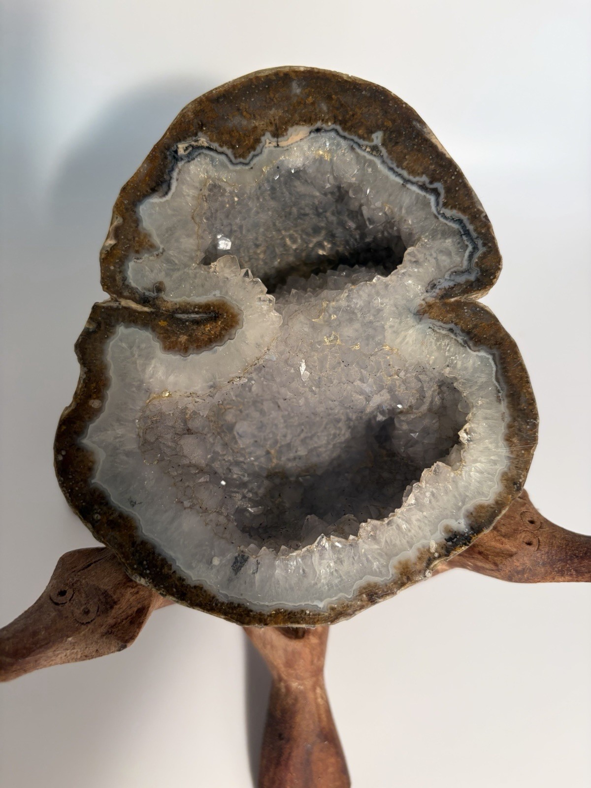 Amethyst Geode Crystal with Wooden Tri Stand for Home Decor