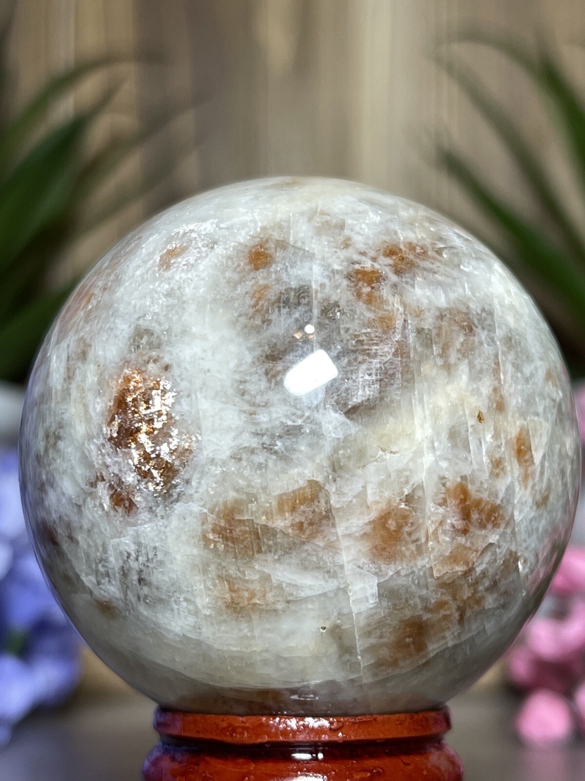 51mm MOONSTONE SUNSTONE SPHERE – Crystal Blue Feldspar Orange Mineral Witch 188g