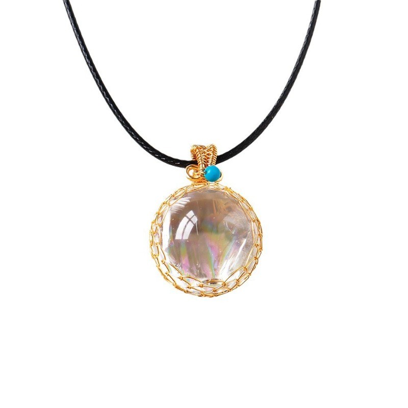 White Crystal Ball Pendant Rainbow Inlaid Raw Polished Gem Necklace Gift
