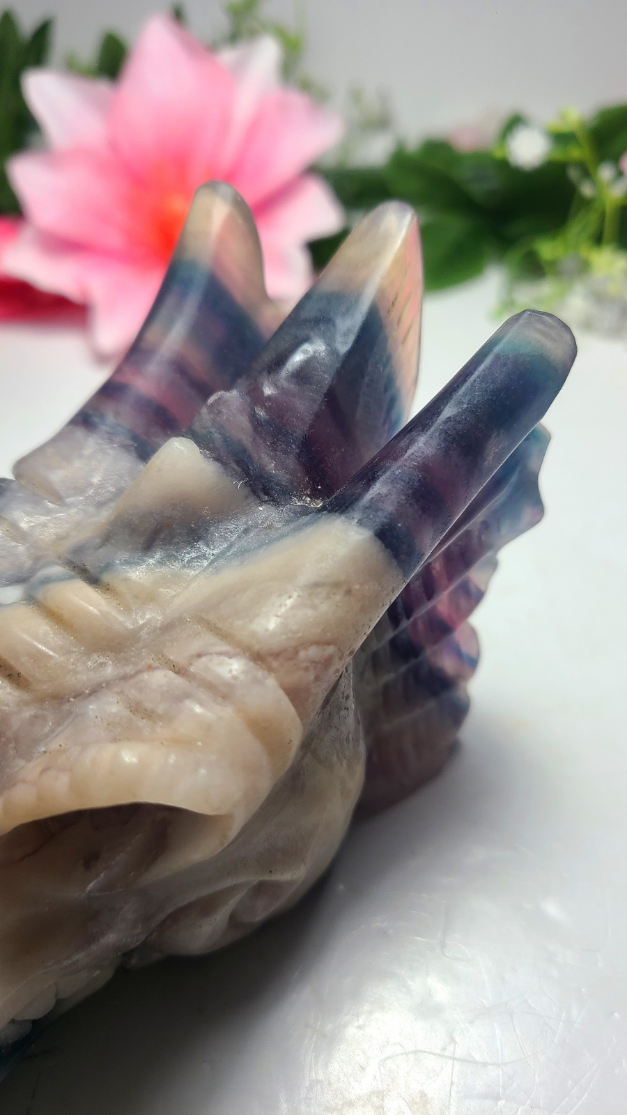 Large 5″ 303g Silky Fluorite Dragon Head Skull Crystal Stone Carving Statue