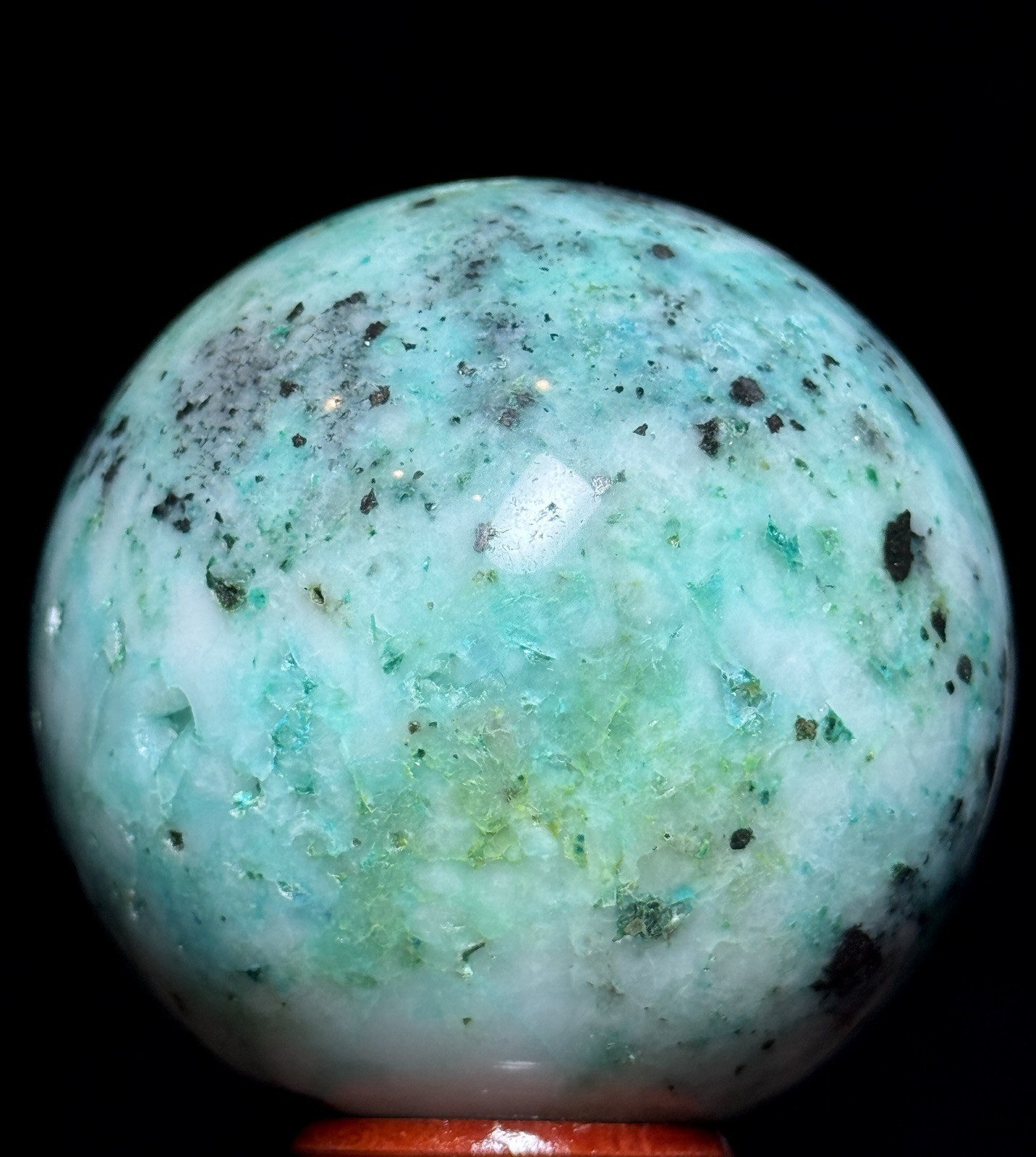 61mm PHOENIX PINE SPHERE – Fynchenite Chrysocolla Malachite Quartz Crystal Decor
