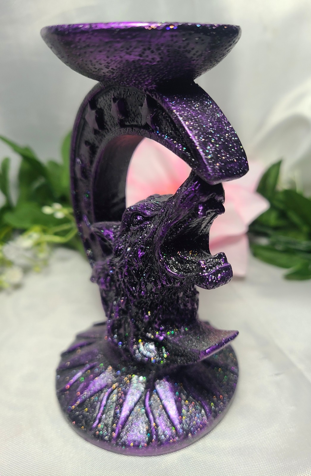 Sparkling Purple Wolf Crescent Moon Stars Resin Sphere Stand Crystal Ball Holder