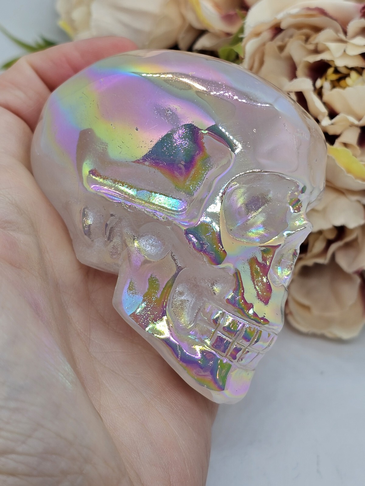 *SALE* Angel Aura Rose Quartz Rainbow crystal Skull 281g 5x7x4.8cm