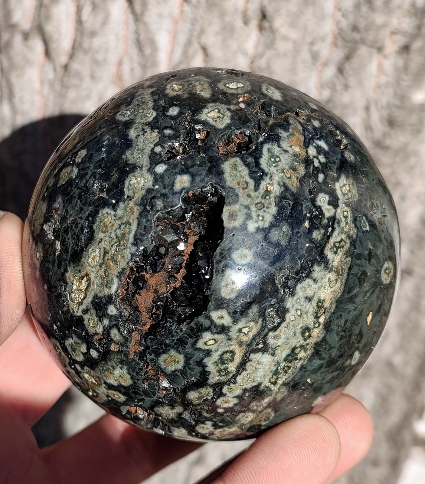 85mm Green Ocean Jasper Sphere, Black Crystal Druzzy Ocean Jasper Display Sphere
