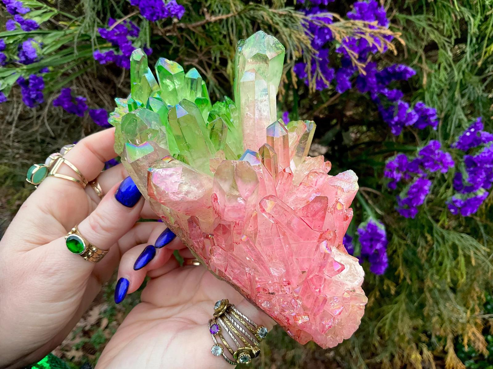 Pink & Green Aura Quartz Crystal Cluster ~ 1 Lb. 14 oz. ~ 6 1/2″ Long ~ Sparkli
