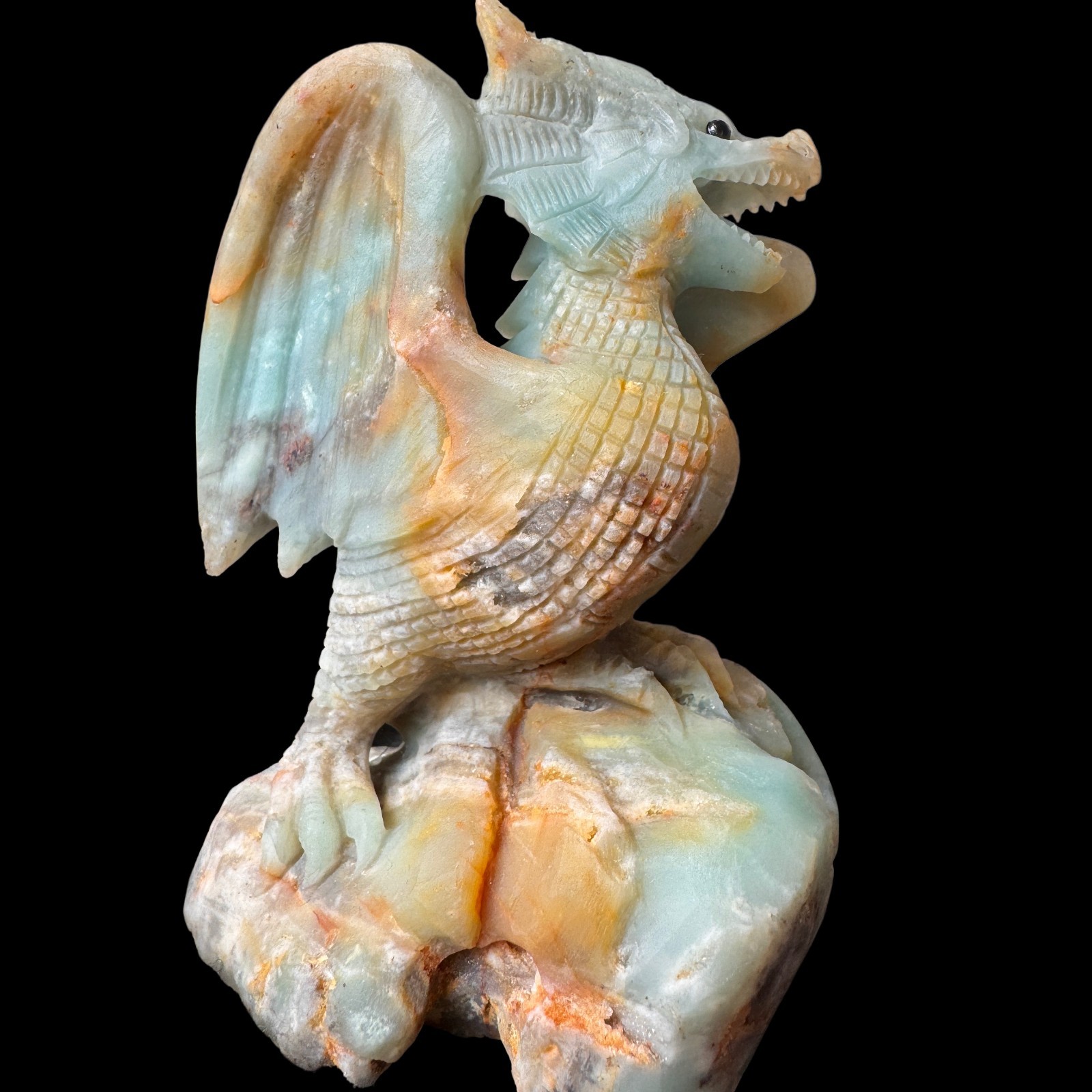 Hand Carved Natural Amazonite Dragon Sculpture Chinese Mythical Beast Desk Decor