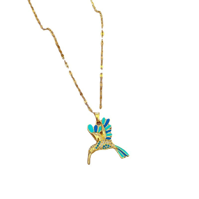 Women’s Fashion Jewelry Gold Cubic Zircon Blue Hummingbird Pendant Necklace 1PC
