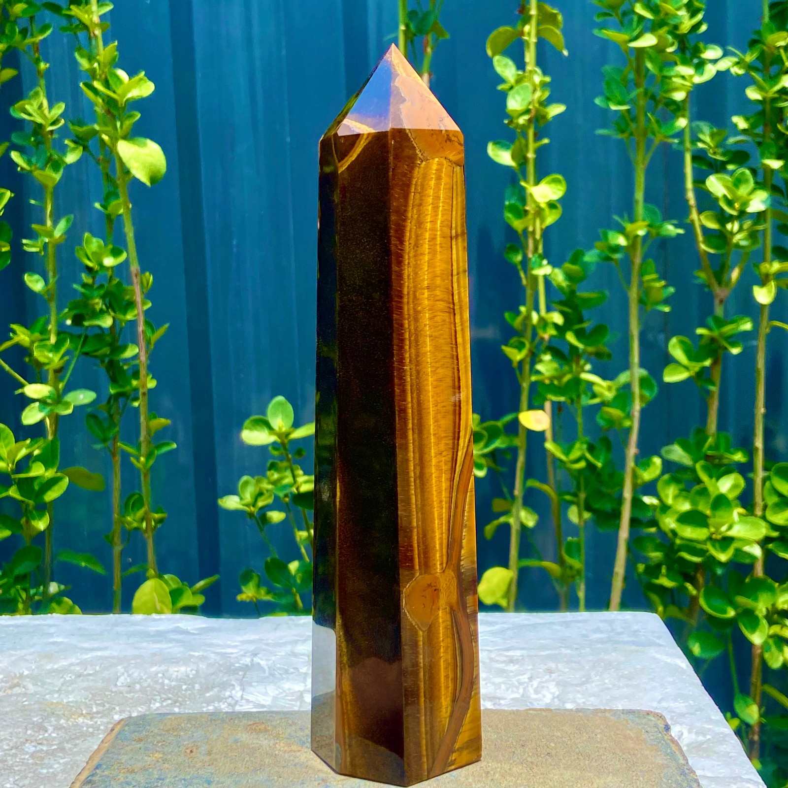 1.9LB Natural Golden Tiger Eye Stone Obelisk Quartz Wand Crystal Pillar Healing