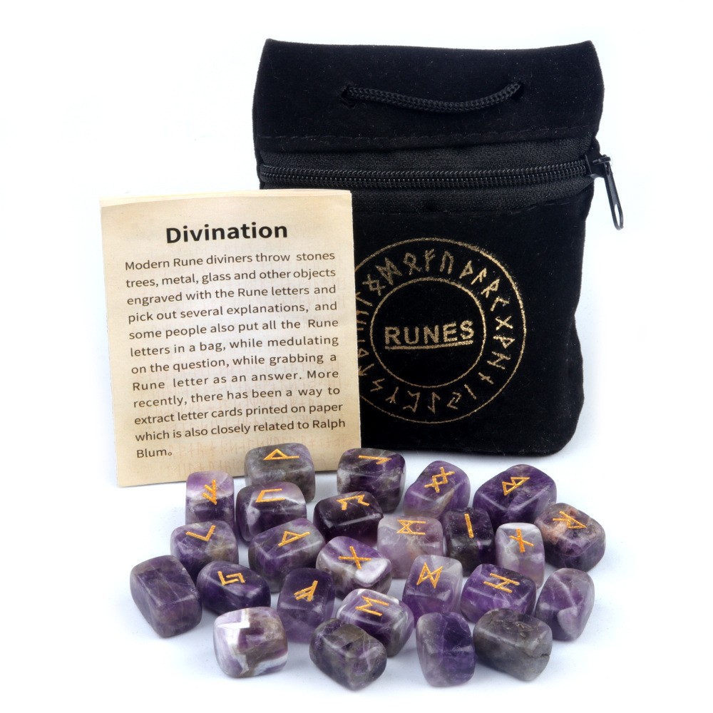 25 Runes Set Natural Agate Crystal Norse Divination with Pouch Free shipping
