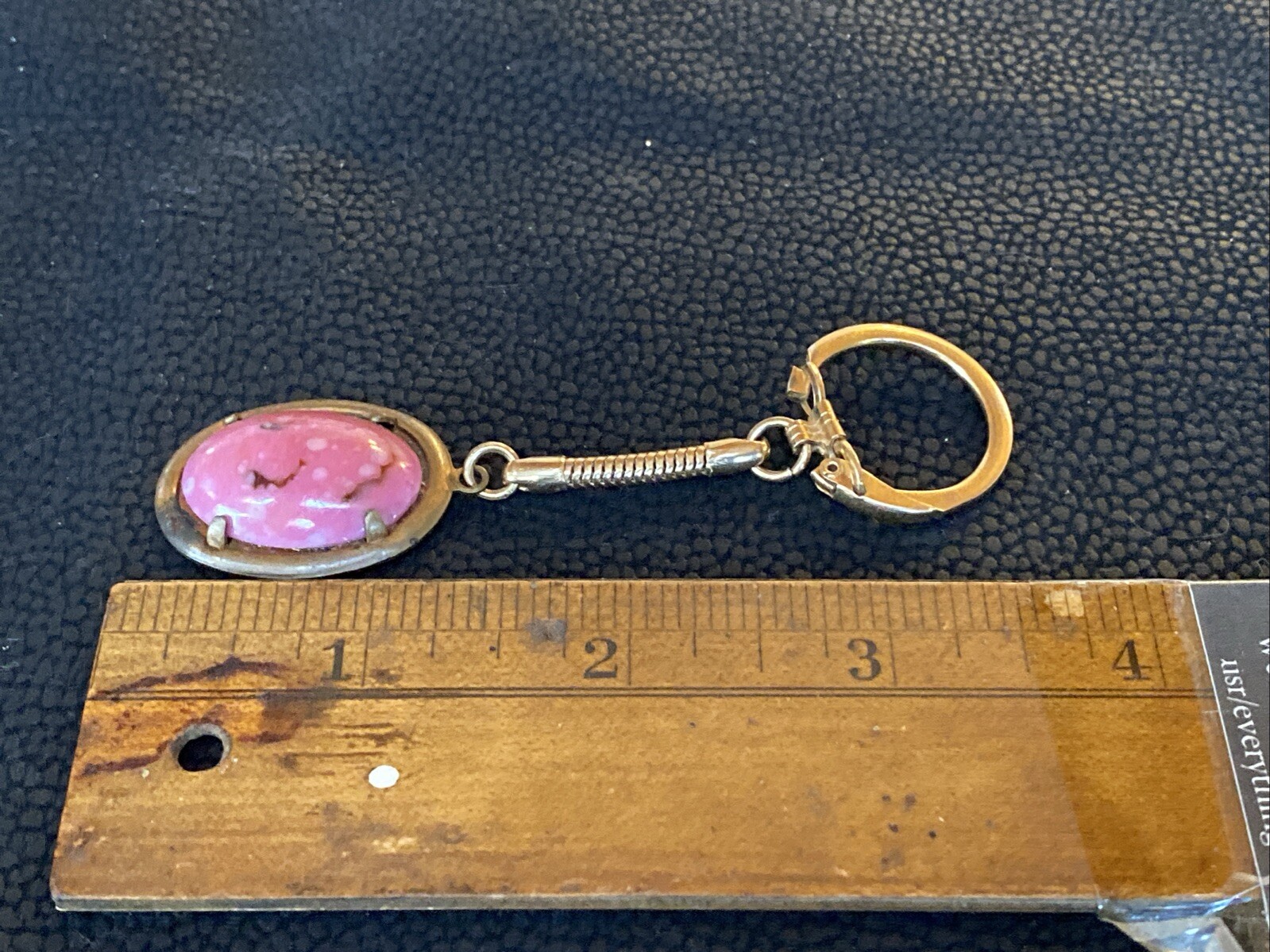 Vintage Pink RHODONITE Heart Gemstone Polished Cabochon Keychain Fob Oval Brass